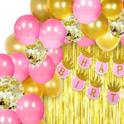 soi Solid Happy Birthday Pink Crown Banner with HD Metallic & Confetti Balloons Decoration Kit for Girls Balloon image 2