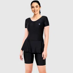 trender One-Piece Non Paded Freely Women's Swimming Costume In Frock Style, Black Color Solid Women Swim-dress Black Swimsuit-picture-26