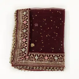 ms creations Net Embellished, Embroidered Maroon Women Dupatta-picture-23