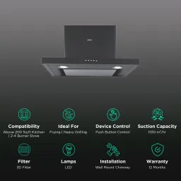 elica SPOT H4 EDS HE LTW 60 NERO PB 60cm 1010m3/hr Ducted Wall Mounted Chimney with Push Button Control (Black) image 3