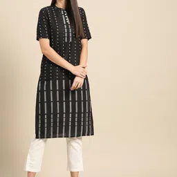 Anouk Women Black & White Geometric Print Pure Cotton Straight Kurta image 3