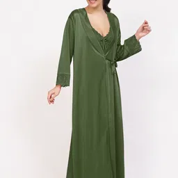 NIGHT KEYS Pack Of 4 Lace Inserted Maxi Satin Nightdress With Robe & Lingerie Set image 5