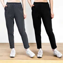 leewan Pack of 2 Women Solid Black, Grey Track Pants-picture-20