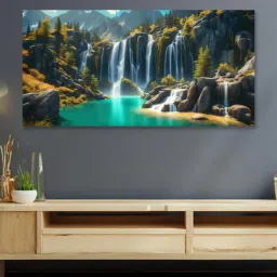 nestroots Canvas Framed Lush Green Waterfall in Forest Wall Painting(24X48 Inch)-picture-35