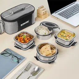 borosil Feast Lunch Box with Bag Set of 4 (400 ml x 2 Square + 400 ml x 2 Round) Tiffin 4 Containers Lunch Box-picture-18