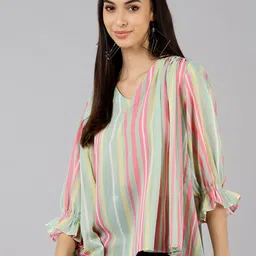 KALINI Striped V-neck Georgette High-Low Top image 5
