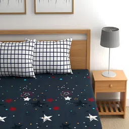 Srijee Decors Navy Blue & White Graphic 210 TC Fitted King Bedsheet With 2 Pillow Covers image 3