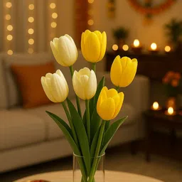 Tulip Bunch for Vase & Home Decor, For Living Room, Corner Table, Off White, Yellow Tulips Artificial Flower-image-6