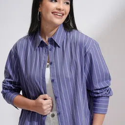 Women Boxy Fit Striped Spread Collar Casual Shirt-image-32