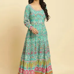 W Green Floral Printed Anarkali Thread Work Kurta With Leggings And Dupatta image 3