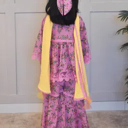 Fayon Kids Girls Floral Printed Pure Cotton Kurta Wth Sharara & Dupatta image 3