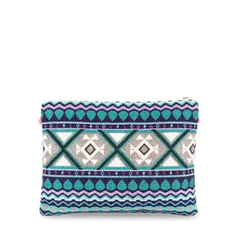 ASTRID Blue & Off-White Woven Design Travel Pouch With Tassels image 5