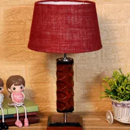 Florence Maroon Natural Fiber Shade Night Lamp With Wood Base By BrightDaisy image 2