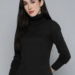 harbor n bay Women Solid High Neck Cotton Blend Black T-Shirt-picture-10