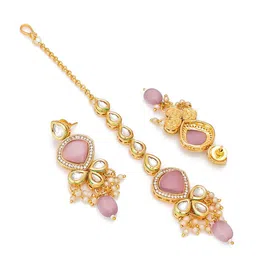 aadita Gold-Plated Pink & White AD Studded & Beaded Jewellery Set image 3