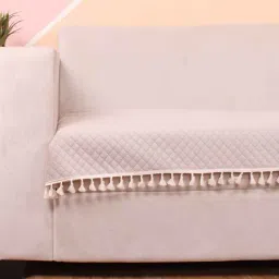 stitchnest Beige Solid Velvet 1 Seater Quilted Sofa Cover (Protector) with Tassel-picture-24