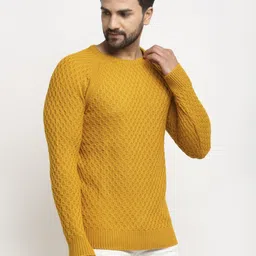 club york Men Solid Round Neck Yellow Sweater image 3