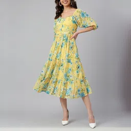 janasya Women Fit and Flare Yellow Midi/Calf Length Dress-picture-34