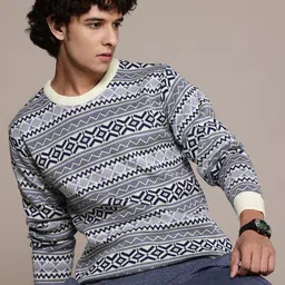 roadster Men Self Design Round Neck Black, White Sweater image 1