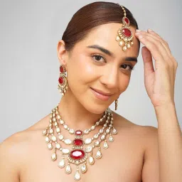 Beryachi Vanya Layered Ruby Kundan Necklace with Earrings & Maangtikka image 3