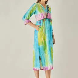 The Kaftan Company V-Neck Tie and Dye Dyed A-Line Cotton Midi Dress With Tassels image 3