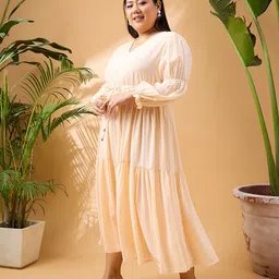 SASSAFRAS Curve Plus Size V-Neck Puff Sleeves Georgette Fit & Flare Tiered Midi Dress image 2