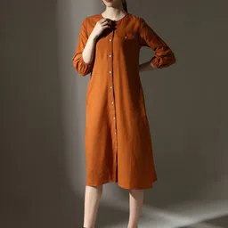Dora Dori Rust Round Neck Puff Sleeves Thread Work Cotton Linen A-Line Midi Dress image 3