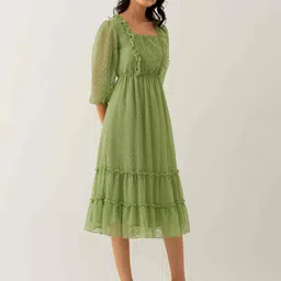 AASK Self Design Puff Sleeve Ruffles Fit & Flare Midi Dress image 2