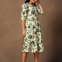 OMPAX Floral Printed Puff Sleeve Fit & Flare Midi Dress image 4