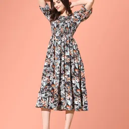 Femvy Floral Printed Puff Sleeves Fit & Flare Midi Dress image 3