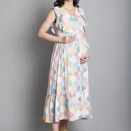 Moms Maternity Abstract Printed Tie-Up Fit & Flare Maternity Maxi Dress image 4