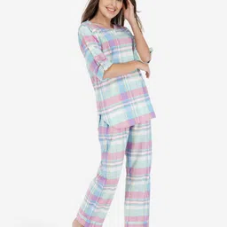 ARTEMIS Women Blue & Pink Checked Night suit image 2
