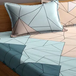 KLOTTHE Blue & Peach-Coloured Geometric 210 TC King Bedsheet with 2 Pillow Covers image 3
