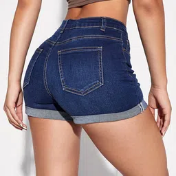 AAHWAN Women Washed Slim Fit High-Rise Denim Shorts image 3