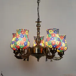 Devansh White & Gold-Toned Mosaic Textured Glass Chandelier Ceiling Lamp image 2