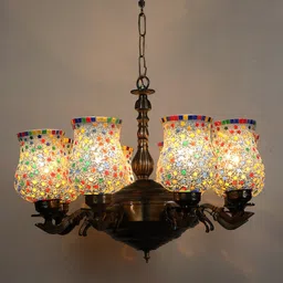 Devansh White & Yellow Mosaic Design Glass 8 Shades Chandelier image 4