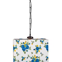 Devansh White & Blue Floral Printed Square Cotton Drum Hanging Lamp image 5