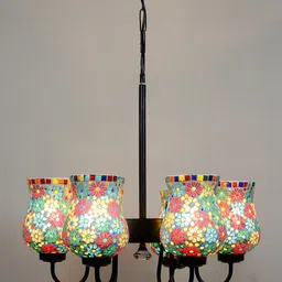 Devansh White & Red Mosaic Design Glass 6 Shades Chandelier image 3