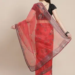 Anouk Red & Green Floral Printed Organza Saree image 3