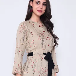 God Bless Beige Floral Print Mandarin Collar Cinched Waist Top image 2