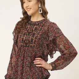 Antheaa Women Black & Red Ruffled Printed Top image 3