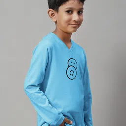 Friskers Boys Turquoise Blue Typography Printed V-Neck Applique T-shirt image 4