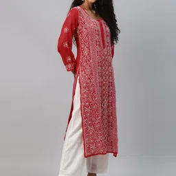 ADA Women Red & White Hand Embroidered ChikankariHandloom Kurta With Matching Slip image 5