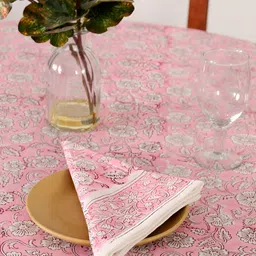 HANDICRAFT PALACE Pink Floral Printed Cotton 8 Seater Round Table Cover With Napkin Set image 4