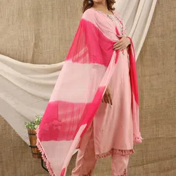 KALINI Women Peach-Coloured Embroidered Thread Work Kurti with Trousers & With Dupatta image 3