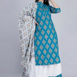 MAUKA Women Teal Printed Pure Cotton Kurta with Palazzo & Dupatta image 5