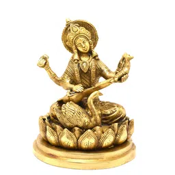 Two Moustaches Brown Textured Goddess Saraswati Brass Idol Showpiece image 4