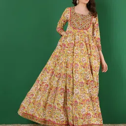 glam roots Floral Print Pure Cotton Stitched Flared/A-line Gown image 3