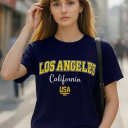 fabflee Women Printed Round Neck Cotton Blend Navy Blue T-Shirt-picture-14