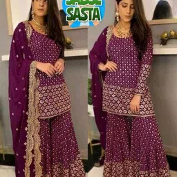 fusionvalley Semi Stitched Georgette Kurta & Sharara Fabric Embroidered image 5